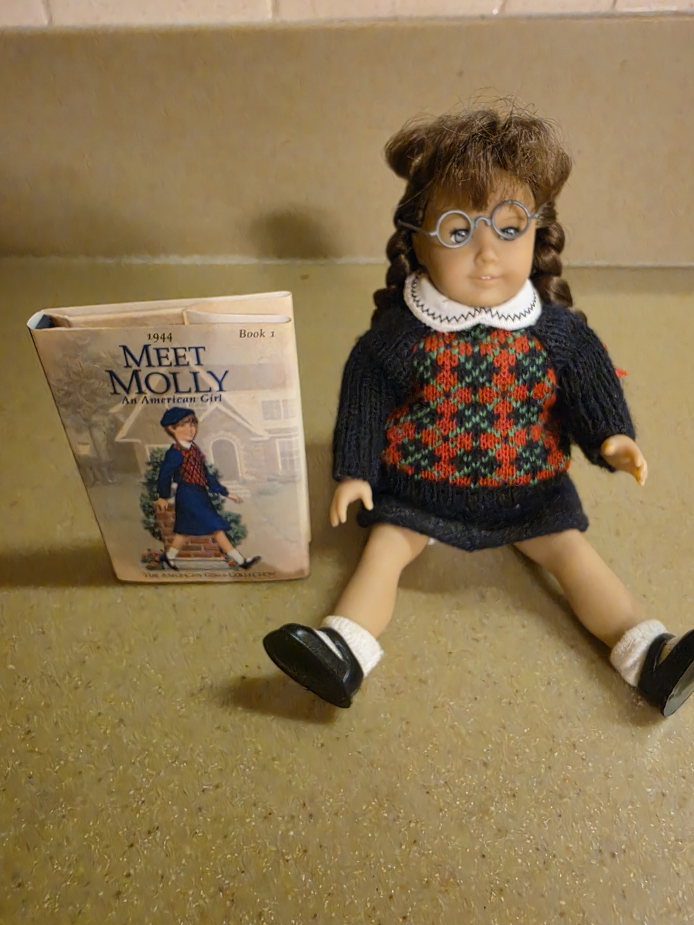American Girl Mini Molly Doll in Navy, Red & Green Knit Sweater With Book